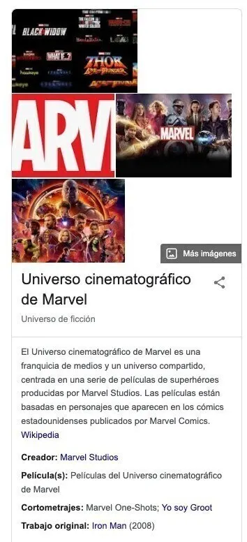 Panel de conocimiento Google para Universo Marvel