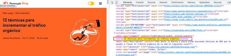 Código HTML: etiqueta title en sección head de página web