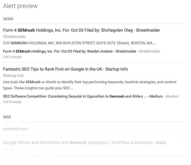 Sección "Previsualización de alertas" de las Alertas de Google