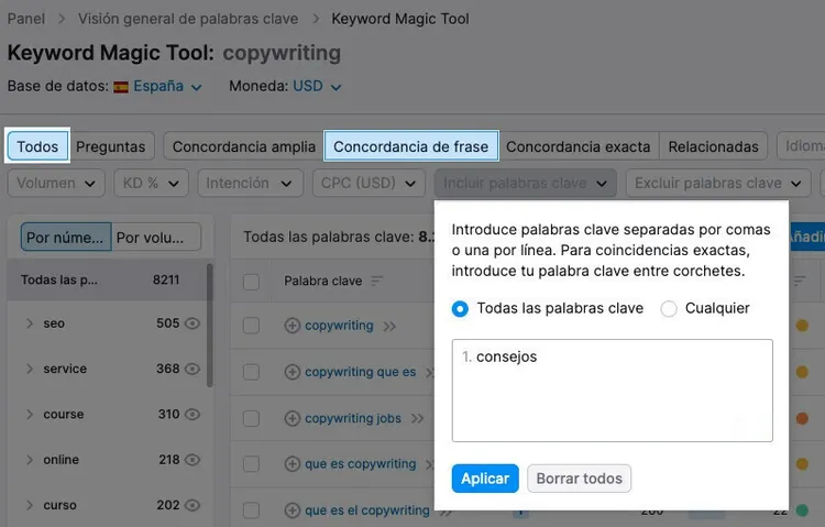 Keyword Magic Tool: resultados copywriting con filtros concordancia palabras clave