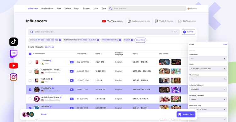 Plataforma búsqueda influencers con filtros multiples