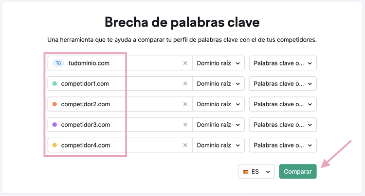 Compara dominios con Brecha de palabras clave