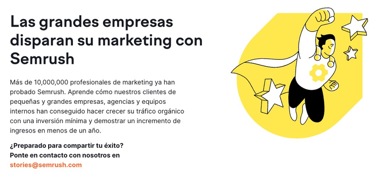 Página éxitos Semrush mostrando grandes empresas usando plataforma con ilustración celebratoria