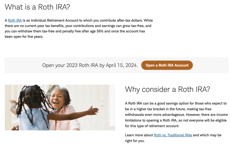 sección "qué es una cuenta IRA Roth" y "por qué considerar una cuenta IRA Roth" de la página de inicio anterior
