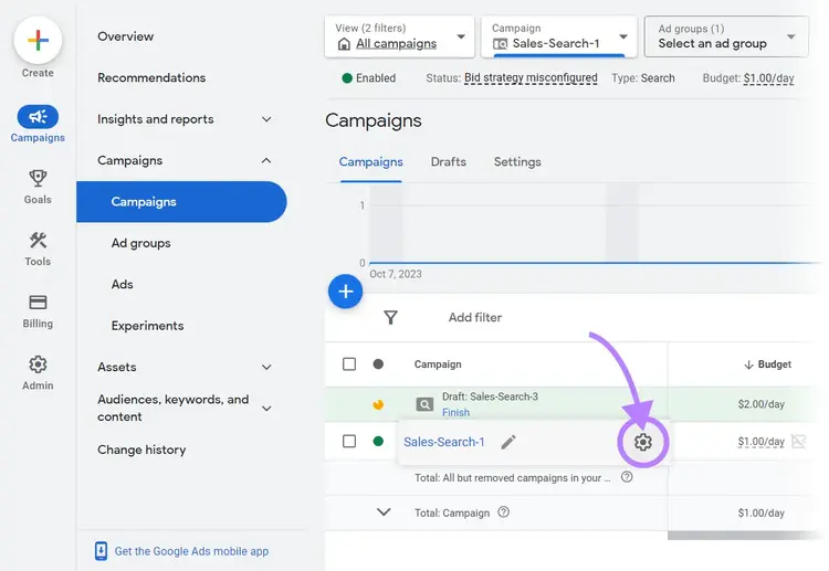 Icono "Configuración" junto al nombre de la campaña en Google Ads
