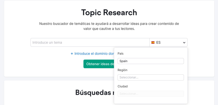 Herramienta Topic Research de Semrush con selector de país, región y ciudad para búsquedas