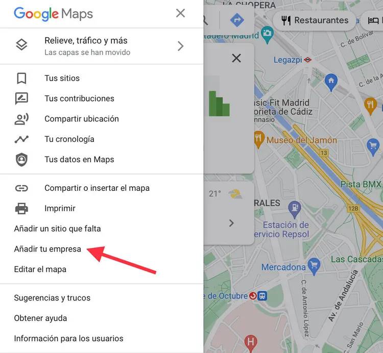 Google Maps menú mostrando opción 'Añadir tu empresa'