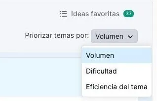 Menú priorizar temas por volumen, dificultad o eficiencia del tema Topic Research