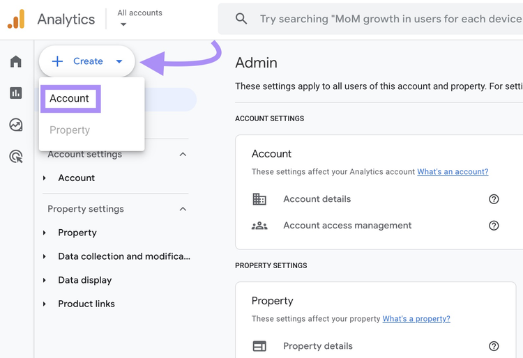 Botón "Crear" pulsado y "Cuenta" seleccionada en Google Analytics.