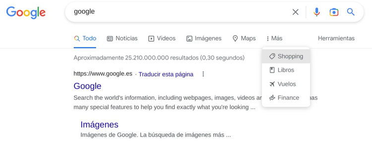 Google: resultados búsqueda con pestañas de Todo, Noticias, Vídeos e Imágenes