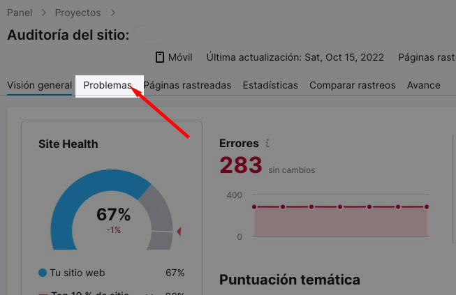 Semrush Site Audit mostrando Site Health 67% con errores y avisos