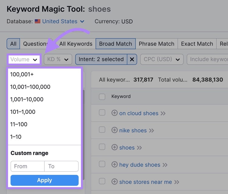 Menu déroulant du filtre "Volume" dans l'outil Keyword Magic