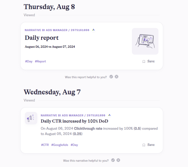 Narrative AI Ads Manager reportes diarios Google Ads agosto