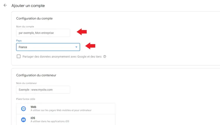 Nom du compte et pays dans la configuration d'un compte GTM