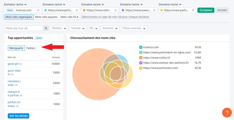 Possibilités de mots clés - manquants et faibles