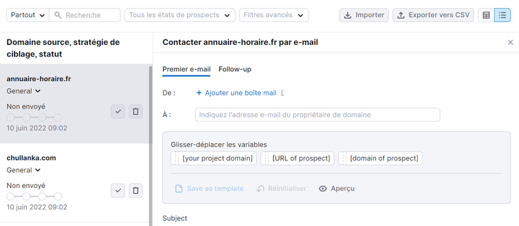 E-mail de contact dans Link Building Tool