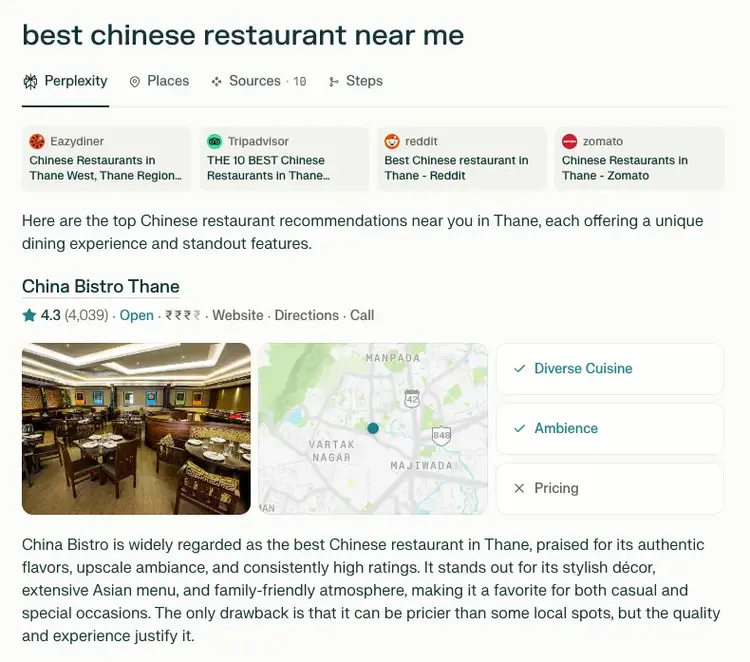 La recherche locale dans Perplexity affiche une image, une carte, des détails et un résumé.