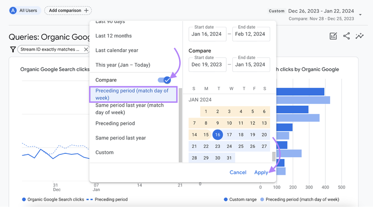 Configuration de l'option de comparaison par défaut sous la fenêtre du sélecteur de plage de dates