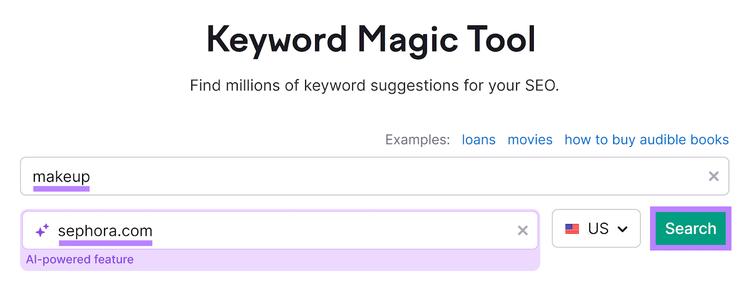 Keyword Magic Tool de Semrush commence par le mot clé et le domaine entrés et le bouton Recherche
