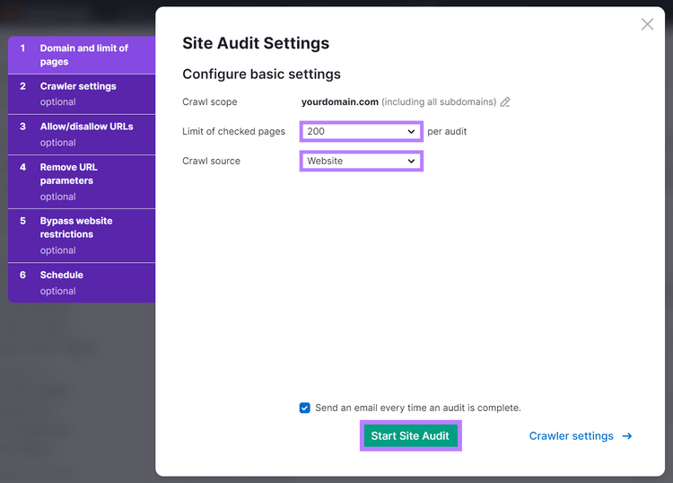 Fenêtre modale de configuration des paramètres d'audit du site avec les limites de pages, la source d'exploration et le bouton « Démarrer l'audit du site » mis en évidence.