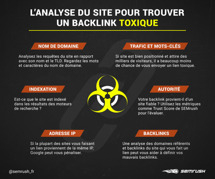 Infographie analyse du site pour trouver backlink toxique avec neuf criteres d'evaluation