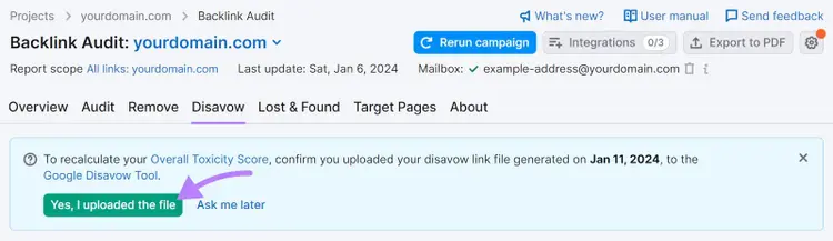 Le bouton "Oui, j'ai téléchargé le fichier" est mis en évidence dans l'outil Backlink Audit.