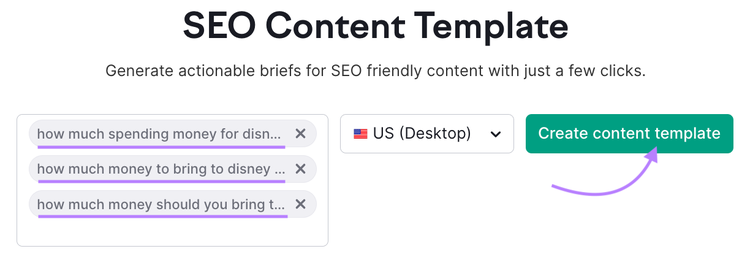 Mots clés cibles ajoutés à l'outil de modèle de contenu SEO