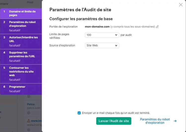 Paramètres de l'Audit de site avec 6 onglet dans Semrush