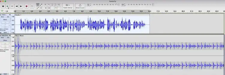 L'interface d'Audacity montre la chronologie d'un fichier audio avec différentes options pour l'éditer.