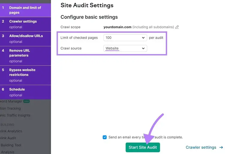 Fenêtre contextuelle « Paramètres d'Audit de site »