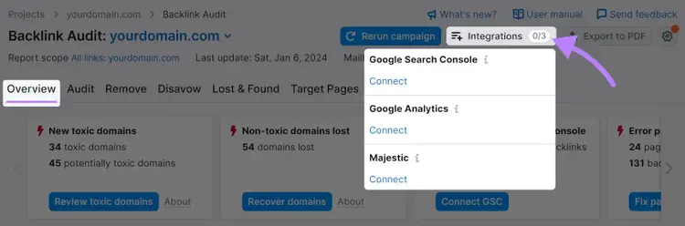 Connecte Backlink Audit à Google Search Console sous "intégrations"