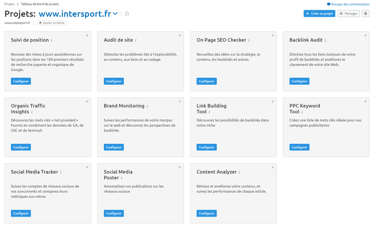 Semrush Projets Tableau de bord