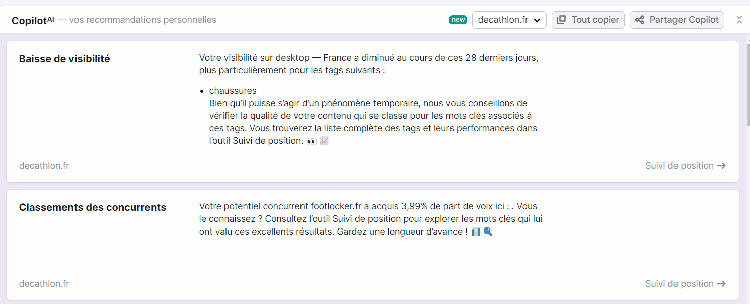 Semrush Copilot interface visibilité positionnement SEO