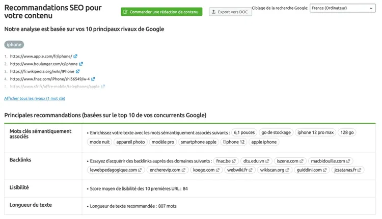 Semrush SEO Content Template recommandations pour contenu optimisé mot clé iphone