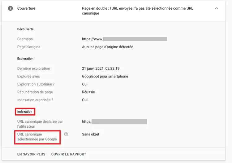 URL canonique indexée par Google dans Google Search Console