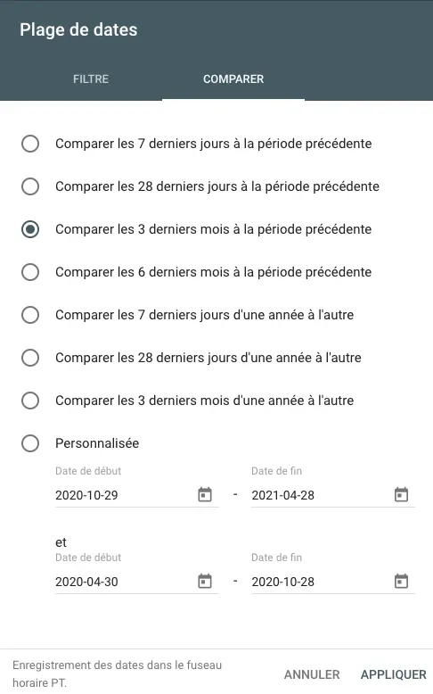Sélecteur plage dates Semrush: comparer 3 derniers mois, période précédente