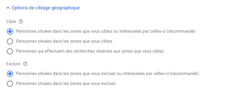 Options ciblage geographique Google Ads: Cible personnes zone, Exclure personnes zone