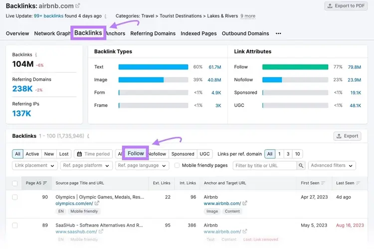 Filtre « Suivre » mis en évidence sous l'onglet « Backlinks » dans Backlinks