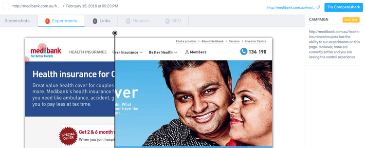 Outil de comparaison de versions website medibank.com.au montrant annonce d'assurance sante