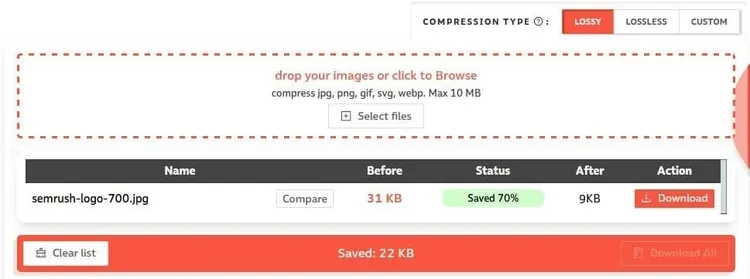 Outil compression images avec interface file upload et résultats avant/après