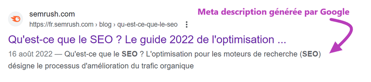 Meta description pour que veut dire SEO : générée par Google