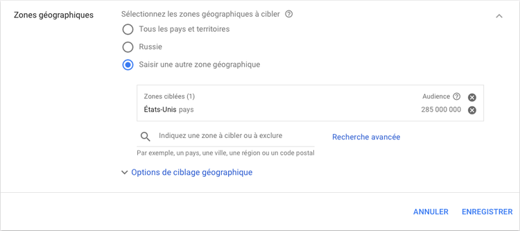 Interface Google Ads zones geographiques avec boutons radio pour selection ciblage geographique