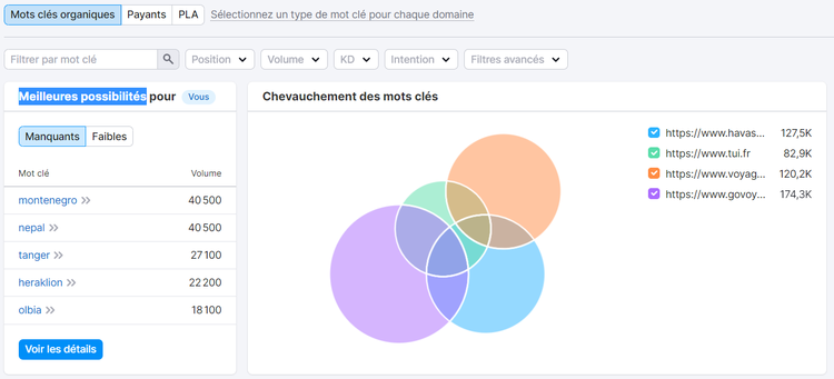 Possibilités de mots clés de Semrush