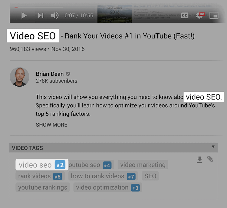 Mots clés que la vidéo utilise dans son titre, sa description et ses tags