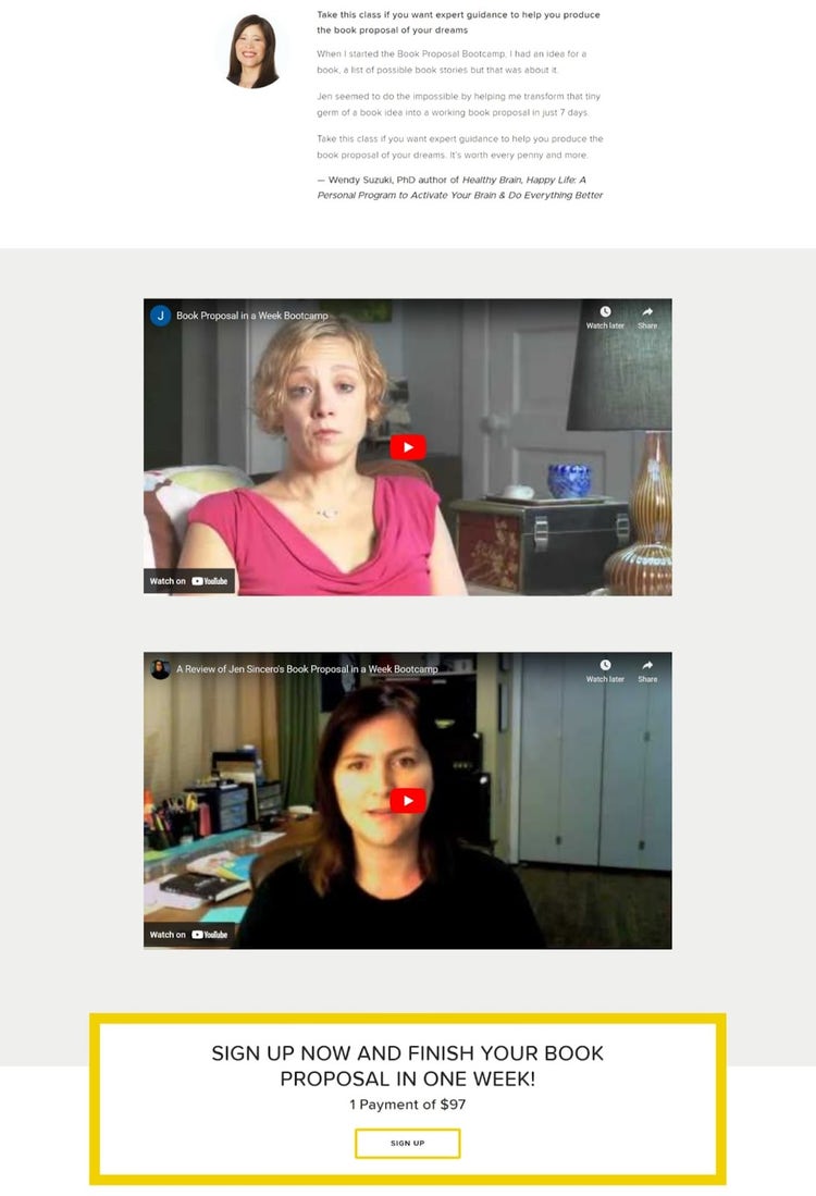 Témoignages écrits et vidéo sur le site de Jen Sincero