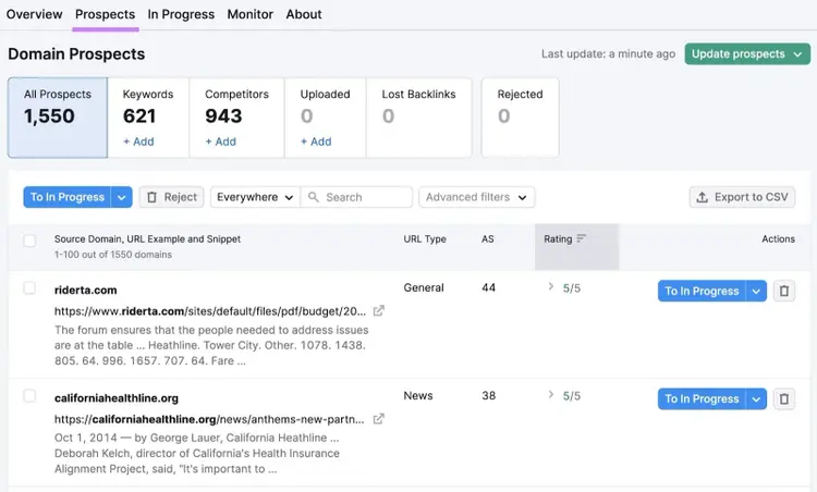 Une liste de domaines potentiels dans Link Building Tool