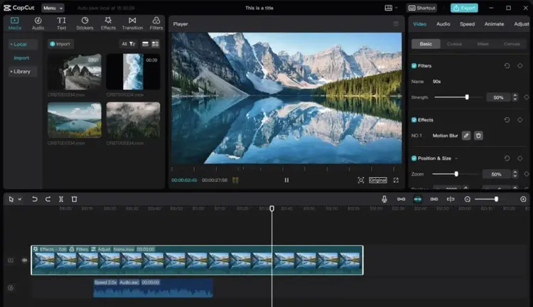 L'interface de CapCut montrant une vidéo au centre entourée de différentes options de montage vidéo sur tous les côtés.