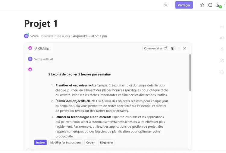 ClickUp fournit aux articles un titre, une meta description, des titres et du texte.