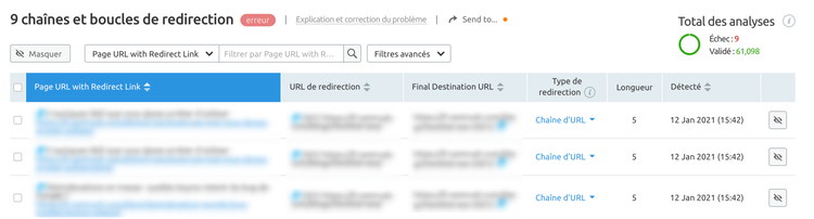 Semrush audit site 9 chaînes boucles redirection avec table URLs affectées