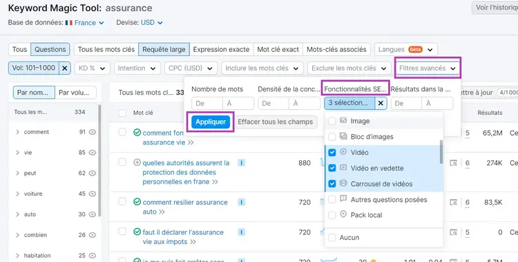 Filtres Fonctionnalités SERP pour vidéos dans Keyword Magic Tool